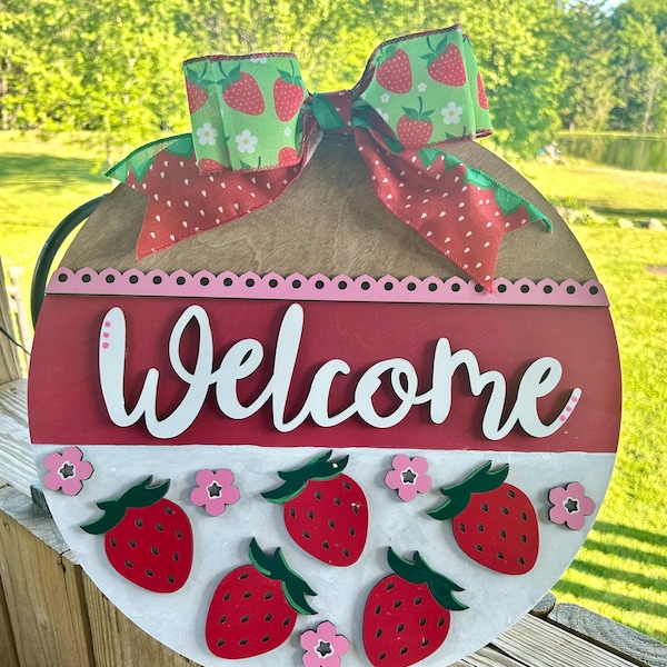 Summer Strawberry Welcome Sign - Wooden 14 inch Round Door Sign with Bow - Handmade