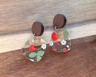 Wooden Post Summer Strawberry Acrylic Laser Cut Earrings - Lead and Nickel Free - Handmade
