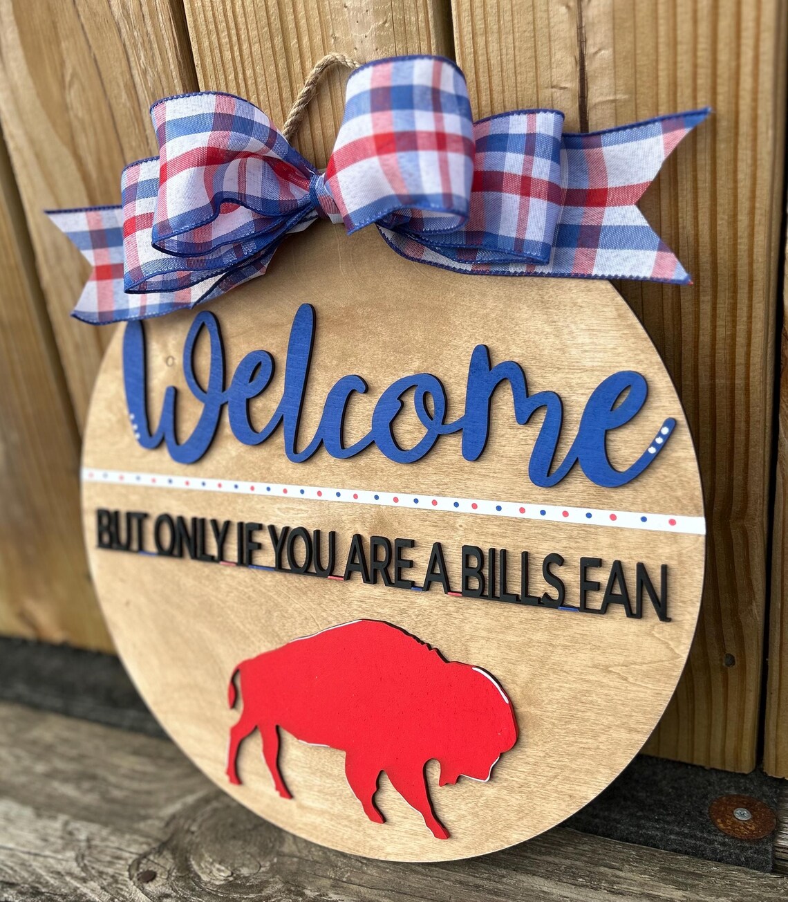 Buffalo Welcome Sign - Wooden 14 Inch Round Door Sign With Plaid Bow ...