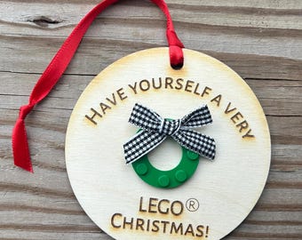 Building Block Christmas Wreath Laser Engraved Wooden Ornament - Handmade