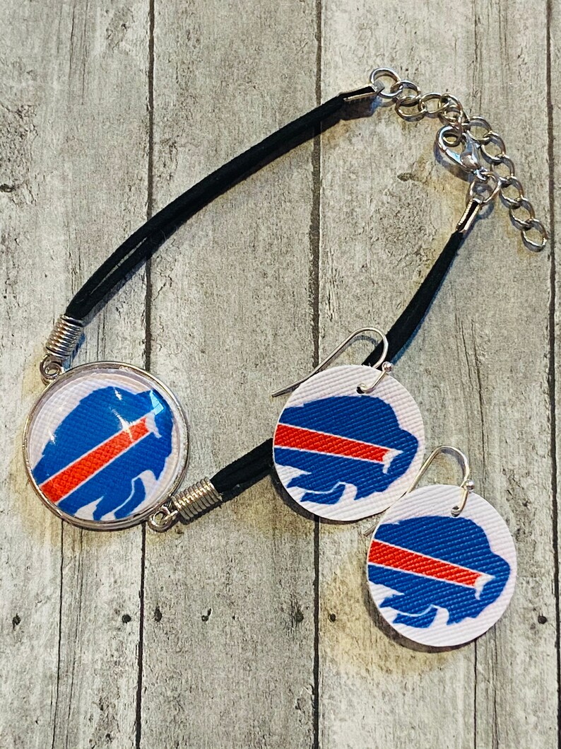 Lead and Nickel Free Faux Leather and adjustable Buffalo Bills Football Bracelet and Earrings Handmade
