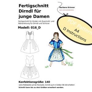 May include: A PDF pattern for a dirndl dress for children, with instructions for sewing. The pattern is for size 140 and can be enlarged up to three sizes. The image shows a line drawing of the dress and a cartoon illustration of a girl wearing the dress.