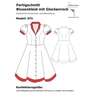 May include: A white dress with a red trim and a button-up front. The dress has a bell-shaped skirt and short sleeves. The dress is a sewing pattern for a blouse dress with a bell skirt. The pattern is called "Blusenkleid mit Glockenrock" and the model number is 075.