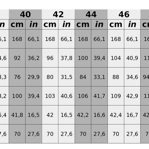 Peut inclure: Un tableau des tailles en centim&egrave;tres et en pouces pour les v&ecirc;tements. Le tableau indique les mesures de la taille, du buste, de la taille, des hanches, de la longueur du dos et de la longueur de la jupe. Les tailles vont de 32 &agrave; 60.