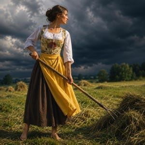 May include: A white blouse with three-quarter sleeves, a floral corset bodice, and a layered skirt featuring a dark brown base layer and a bright yellow apron overlay. The garment is worn while holding a long-handled metal pitchfork in a field.