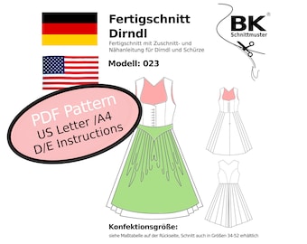 Peut inclure: Un patron PDF pour une robe dirndl, avec des instructions en allemand et en anglais. Le patron comprend une jupe verte, un corsage blanc avec un décolleté rose et un tablier blanc. Le patron est disponible dans les tailles 34-52.