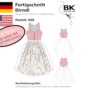 May include: A pink and white Dirndl dress pattern with floral skirt detail. The image includes the text "PDF Pattern US Letter /A4 D/E Instructions" and the German and American flags. The pattern is model 068.