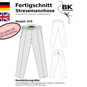 Może przedstawiać: Czarno-biały rysunek pary spodni w paski. Rysunek jest oznaczony jako "Fertigschnitt Stresemannhose" i "Modell: 070". Rysunek zawiera również tabelę rozmiarów i instrukcje szycia spodni.