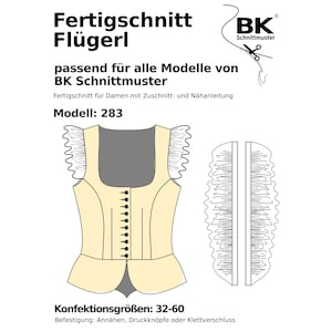 Op de afbeelding: Een naaipatroon voor een vest, met een crèmekleurig lijfje, zwarte knopen en een grijs bovenstuk. Het patroon bevat een diagram van het vest en een apart onderdeel. Tekst bevat "Fertigschnitt Flügerl" en "Modell: 283".