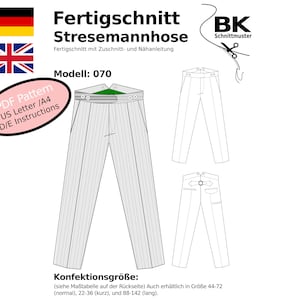 Puede incluir: Patrón de costura para pantalones a rayas, con el texto "Fertigschnitt Stresemannhose" y "Modell: 070". La imagen incluye un dibujo lineal de los pantalones e instrucciones para los tamaños de papel US Letter y A4. Medidas métricas.