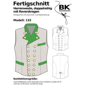 Op de afbeelding: Een naaipatroon voor een dubbelrijig vest met reverskraag. Het patroon is voor maten 44-72, 22-36 en 88-142. Het patroon is geïllustreerd met een wit vest met een groene kraag en bies. Het patroon is van BK Schnittmuster.