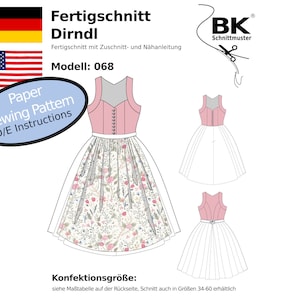 Papier pour patrons de couture Dirndl | Oktoberfest - Robe corsage jupe tablier | Costume folklorique allemand | Patron prêt-à-couper, choisissez la taille 34-60