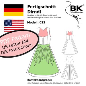 May include: A PDF pattern for a dirndl dress, with instructions in German and English. The pattern includes a green skirt, a white bodice with a pink neckline, and a white apron. The pattern is available in sizes 34-52.