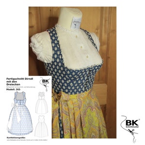 Peut inclure: Un corsage de dirndl &agrave; motifs bleus et blancs avec une jupe &agrave; motifs jaunes et blancs. Le corsage est dot&eacute; d'une blouse blanche en dessous et d'un col blanc. La jupe est pliss&eacute;e et pr&eacute;sente un motif cachemire. L'image comprend &eacute;galement un patron de couture pour un dirndl avec le texte "Fertigschnitt Dirndl mit den Dreiecken Modell: 265" et "Konfektionsgroesse".