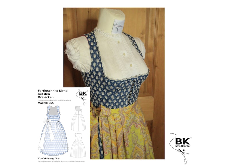 Peut inclure: Un corsage de dirndl &agrave; motifs bleus et blancs avec une jupe &agrave; motifs jaunes et blancs. Le corsage est dot&eacute; d'une blouse blanche en dessous et d'un col blanc. La jupe est pliss&eacute;e et pr&eacute;sente un motif cachemire. L'image comprend &eacute;galement un patron de couture pour un dirndl avec le texte "Fertigschnitt Dirndl mit den Dreiecken Modell: 265" et "Konfektionsgroesse".