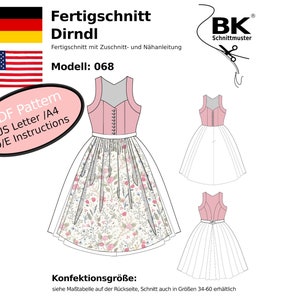 May include: A pink dirndl sewing pattern with a floral print skirt. The pattern includes instructions in English and German. The pattern is available in sizes 34-60. The pattern is called "Fertigschnitt Dirndl" and the model number is 068.