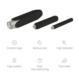 May include: Three metal stamps of different sizes, each with a unique design. The stamps are black and have a silver-colored design. The stamps are used for stamping metal.