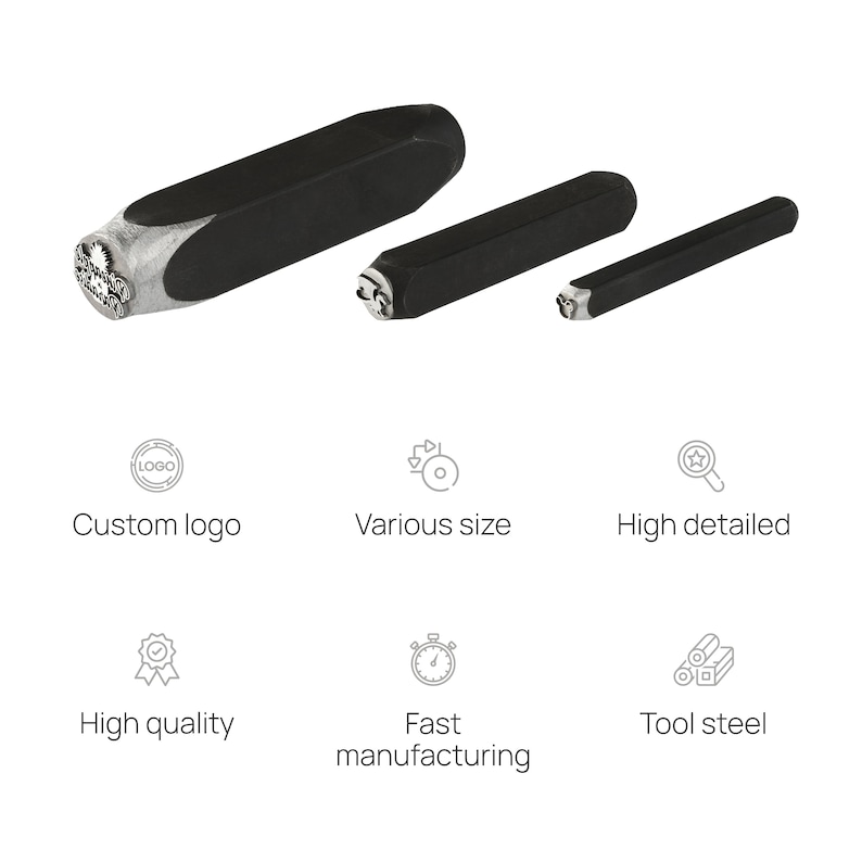 May include: Three metal stamps of different sizes, each with a unique design. The stamps are black and have a silver-colored design. The stamps are used for stamping metal.