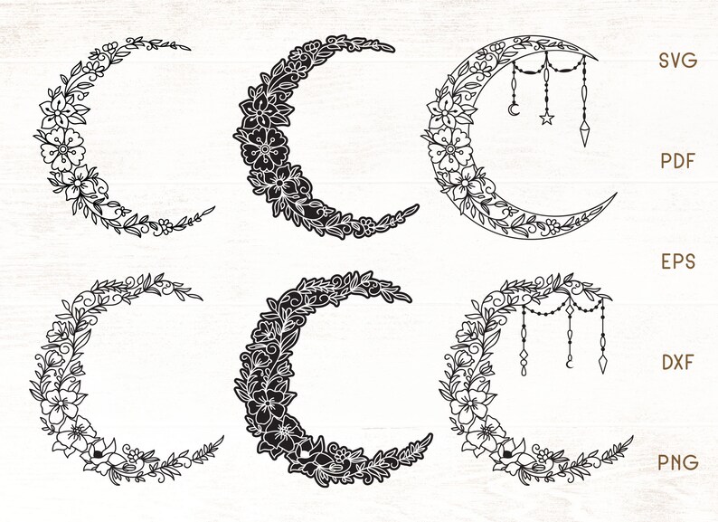 Download Floral Crescent Moon SVG Moon Zentangle Floral Moon SVG | Etsy