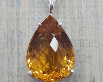 Large Pear Citrine Pendant: 925 Sterling Silver, Handmade Necklace