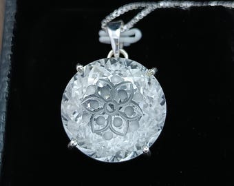 Carved Rock Crystal Sterling Silver Pendant Necklace: Unique Faceted Design