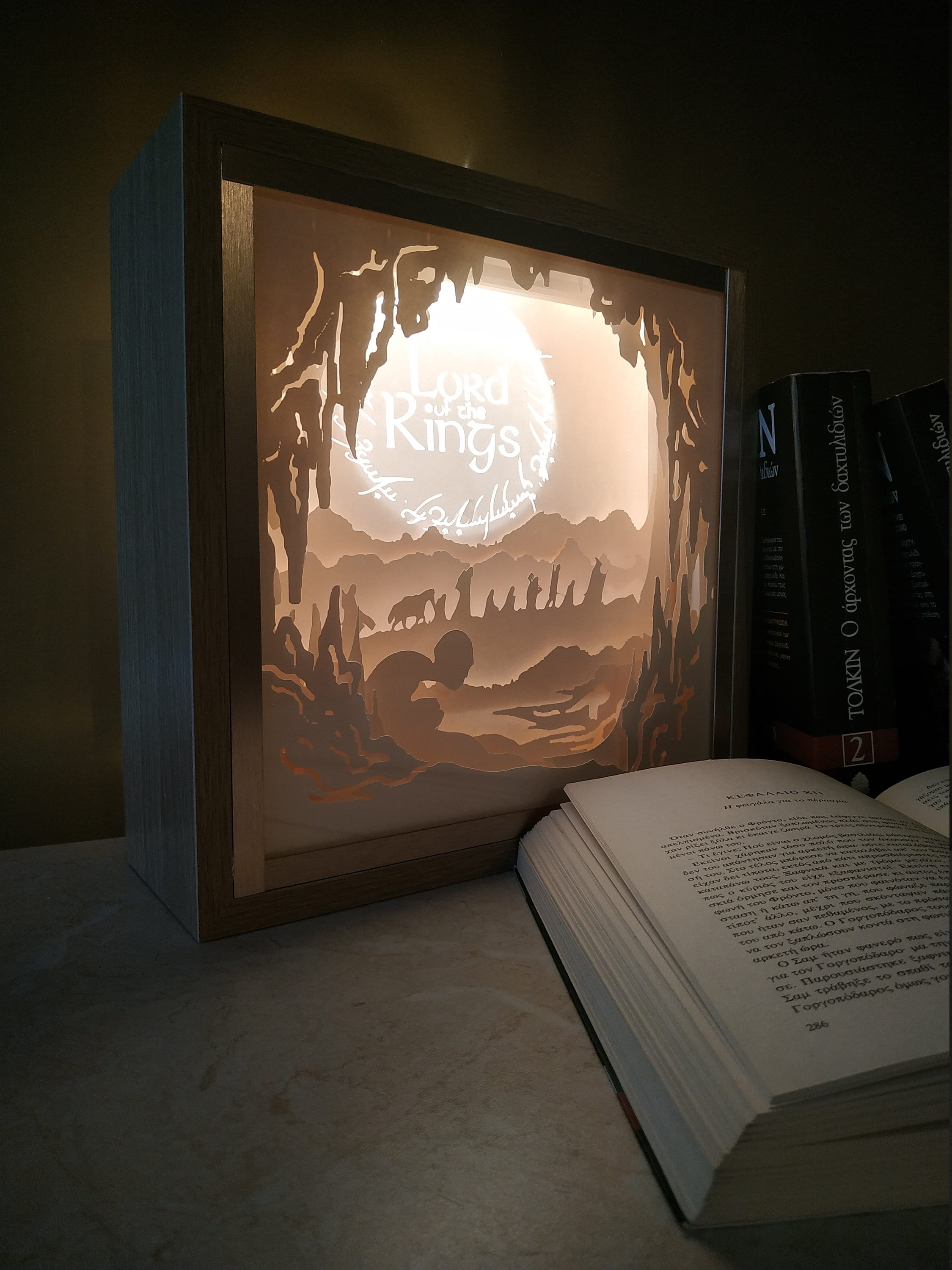 Lightbox Wood and Papercut lord of the Rings Inspired , Home Decor