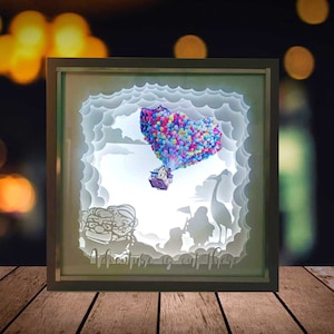 Lightbox Wood Paper-cut "UP! " film ispirato, lampada per la casa, fulmine decorativo, shadowbox paper art, fan art, LED, diorama,