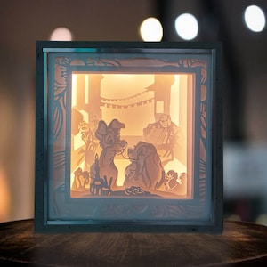 Lightbox Wood Paper-cut "Lady and the Tramp" ispirato, lampada per la casa, shadowbox paper art, fan art, LED, diorama nightlight personalizzato