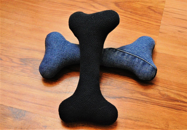 Denim Bone Shaped Dog Plush Toy Handmade Upcycled Medium size 23cm x 11cm Denim & Blue Fleece