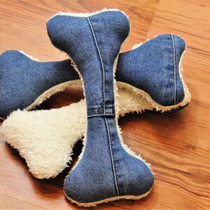 Denim Bone Shaped Dog Plush Toy Handmade Upcycled Medium size 23cm x 11cm Denim Faux Sheepskin