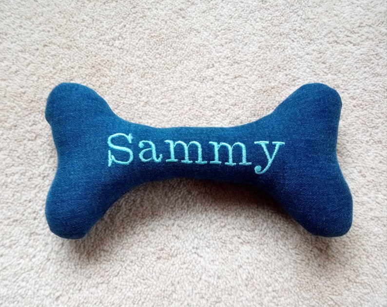 Denim Bone Shaped Dog Plush Toy Handmade Upcycled Medium size 23cm x 11cm Denim PERSONALISED