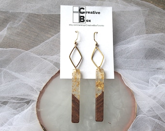 Gold Flakes Wood Resin Earrings, Stick Earrings, Resin Wood Earrings, Long bar earrings, Statement Earrings, Minimalist Earrings