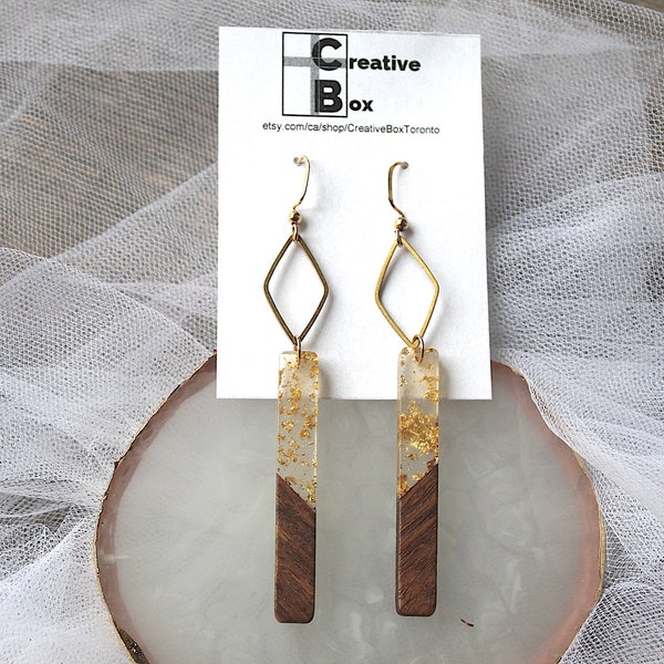 Boucles d'oreilles en résine de bois et flocons d'or, Boucles d'oreilles bâton, Boucles d'oreilles en bois de résine, Boucles d'oreilles longues barre, Boucles d'oreilles tendance, Boucles d'oreilles minimalistes