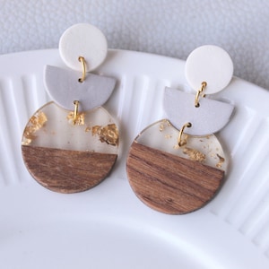 Resin and Wood Earrings, Handmade Clay Earrings, Gold Flakes Earrings, Statement Earrings, Resin Wood Clay, Statement Earrings