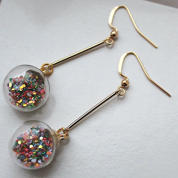 Confetti Globe Fun Earrings, globe earrings, confetti earrings, party earrings, drop earrings, fun earrings etsy, long drop earrings