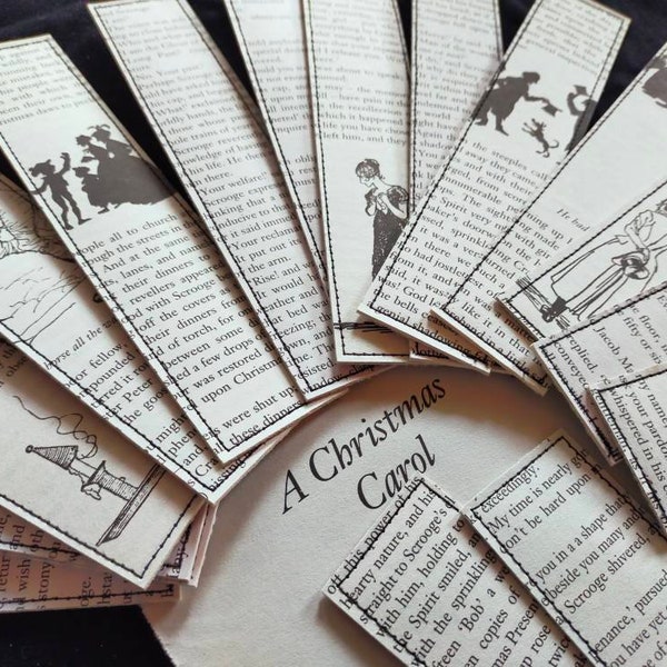 Charles Dickens' A Christmas Carol bookmarks made from pre-loved books