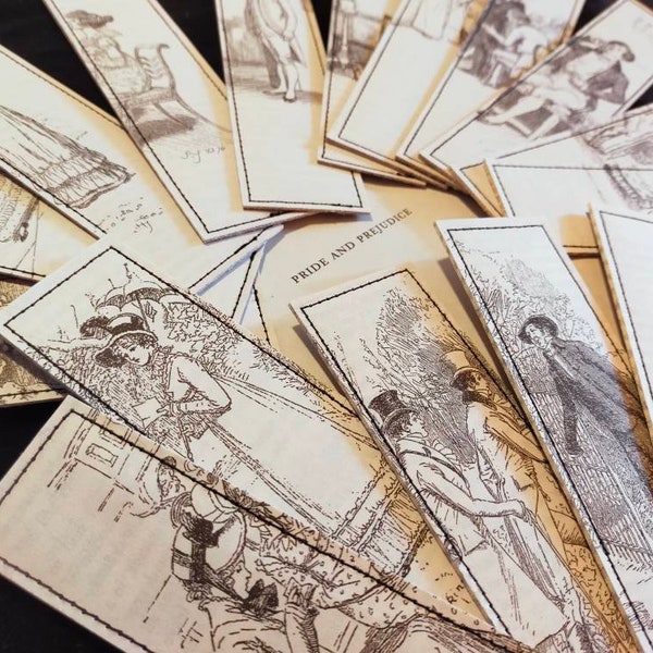 Jane Austen's Pride and Prejudice illustrated bookmark made from pre-loved copies