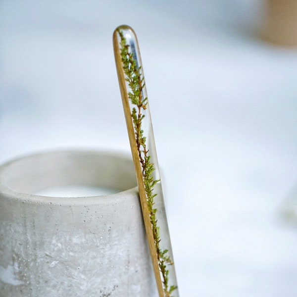 Personalized Wood Hairpin, Hair Fork with Greenery,  Wooden Hair with Engraving, Resin Bun Holder, Hair Stick for Long Hair, Birthday Gift