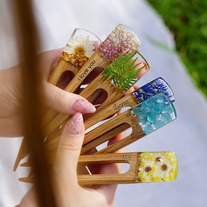Personalized Flowers Hair Fork, Wooden Resin Hairpin, Terrarium Hair Fork, Resin Hair Stick, Accessories For Long Hair, Custom Gift for Her