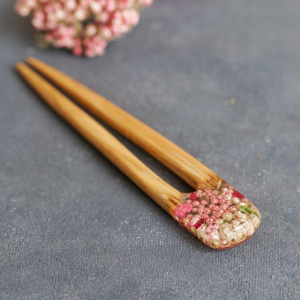 Fourchette à cheveux en bois de terrarium, porte-chignon en résine, fleurs de fourche à cheveux, accessoires pour cheveux longs, bâton à cheveux en résine de bois, cadeau personnalisé pour femme