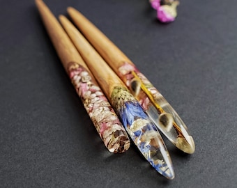 Terrarium Wood Hairpin, Personalized Hair Stick, Resin Bun Holder, Hair Fork with Flowers, Hair Clip, Nature Gift for Women, Hair Sticks
