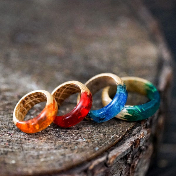 Resin Wood Ring, Red Band Rings, Resin Wood Jewelry, Nature Oak Ring, Blue Band Rings, Unisex Ring Wooden, Yellow Ring, Emerald Resin Ring