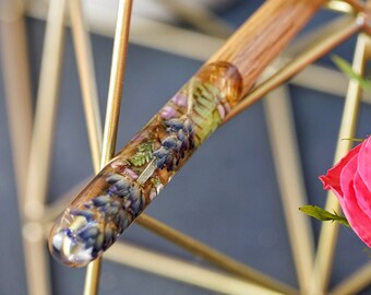 Lavender Hair Sticks, Wooden Resin Hair Fork, Personalized Hairpin, Nature Gift for Women, Hair Jewelry, Terrarium Hair Fork, Gift for Her