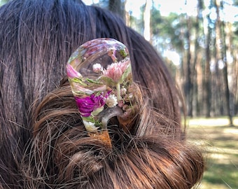 Horquilla de pelo de madera de terrario, flores de soporte de moño de resina, flores de horquilla de pelo, palos de pelo de madera, clip de pelo para mujeres, regalo de Navidad personalizado