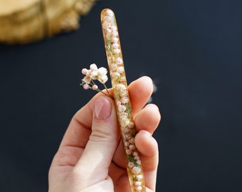 Resin Hair Stick with Flowers, Wooden Hair Pin with Engraving, Wood Jewelry, Bun Holder, Flower Hair Slide, Wedding Gift, Hair Fork for Girl