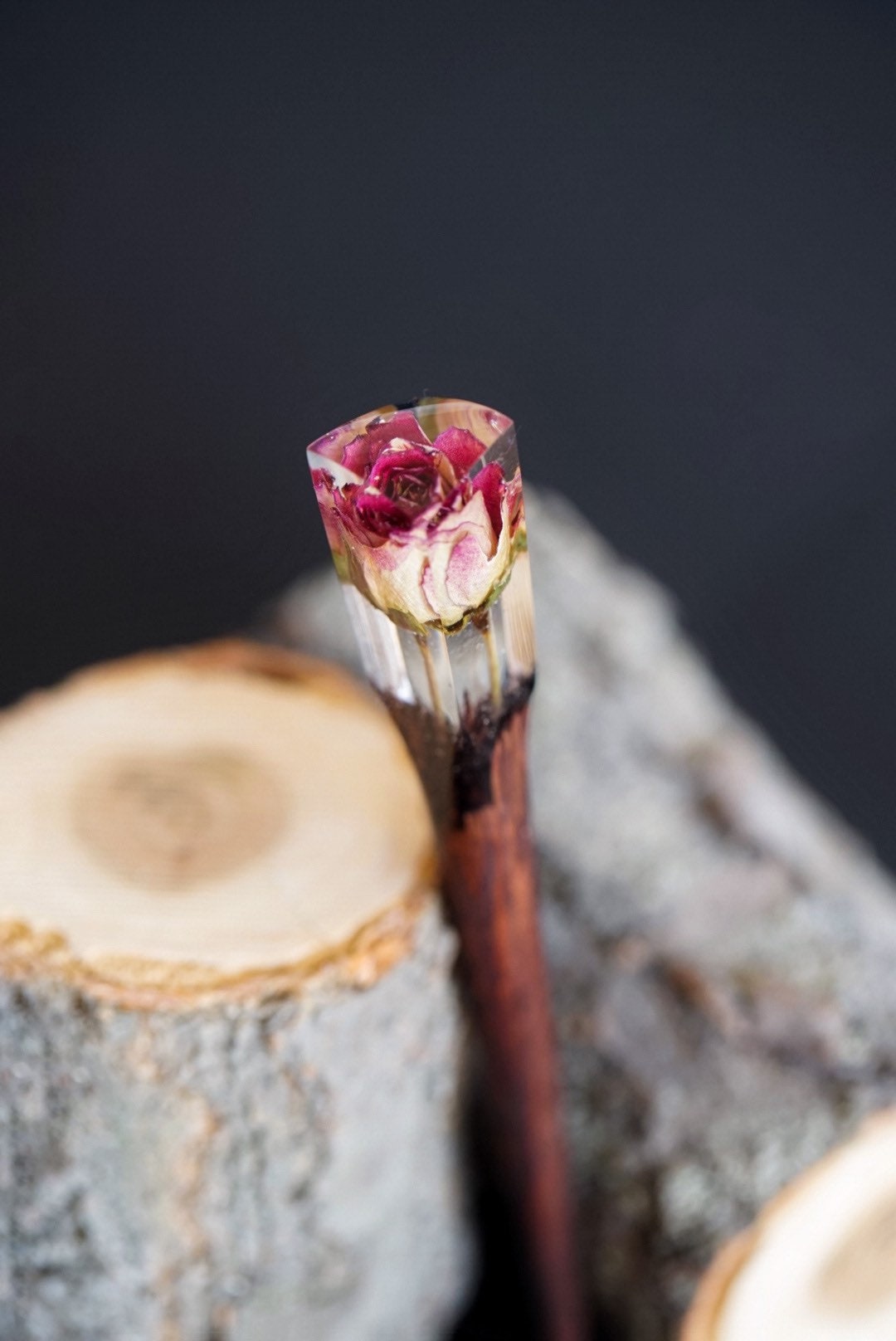 Hair Sticks with Rose, Personalized Hairpin, Terrarium Hair Fork, Custom Bun Holder, Wooden Resin Barrette, Chriatmas Gift for Women