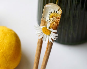Chamomile Hair Fork, Personalized Wood Bun Holder, Jewelry Resin Hair Fork,  Resin Hair Clip with Flowers, Wooden Hair Sticks, Wedding Gift