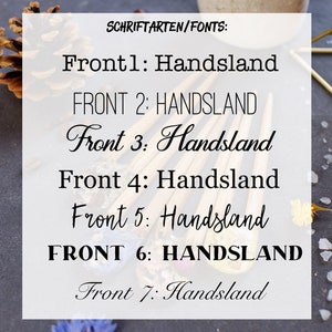 May include: A white square with black text showing different font styles for the word "Handsland". The text is in all caps, lowercase, and a combination of both. The text is in a variety of font styles, including script, sans serif, and serif.