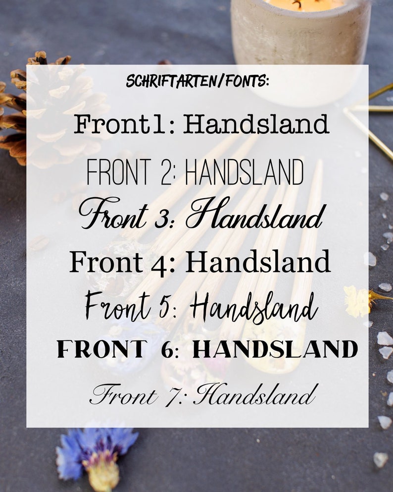 May include: A white square with black text showing different font styles for the word "Handsland". The text is in all caps, lowercase, and a combination of both. The text is in a variety of font styles, including script, sans serif, and serif.