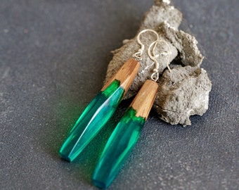Wood Resin Earrings, Wooden Earrings for Women, Resin Green Earrings, Sterling Silver Earrings, Gift for Women, Earrings Mom Gift